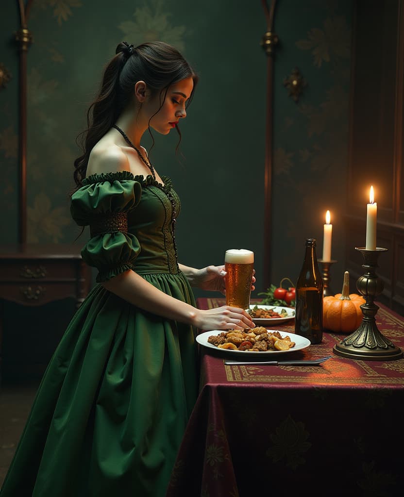  macabre style a beautiful girl in a cabbage dress stands next to a large, beautiful table with food and drinks beer from a bottle . dark, gothic, grim, haunting, highly detailed