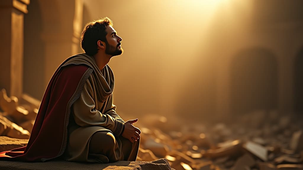  history of biblical times, gideon praying fervently to god, asking for guidance amidst the ruins of his people's livelihood. hyperrealistic, full body, detailed clothing, highly detailed, cinematic lighting, stunningly beautiful, intricate, sharp focus, f/1. 8, 85mm, (centered image composition), (professionally color graded), ((bright soft diffused light)), volumetric fog, trending on instagram, trending on tumblr, HDR 4K, 8K