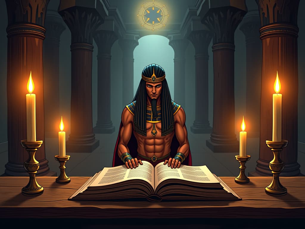  an empty chamber illuminated by candlelight, ancient texts open on a wooden table, sacred space for divine contemplation. the style is digital art illustration / modern comic book / mysterious occult, symbolic, esoteric vibe,high detail on character design, incorporating ancient egyptian symbology and attire.