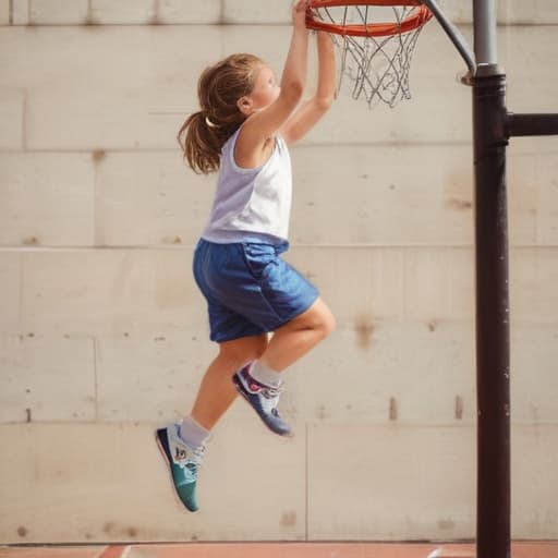 Draw a Small girl who Dunks. She’s on a basket court.