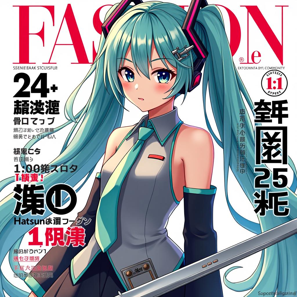  cover,1girl,hatsune miku, masterpiece, best quality,(magazine cover, fashionmagcover, english text, username, watermark, artist name, signature:1.1), award winning, professional, highly detailed, masterpiece