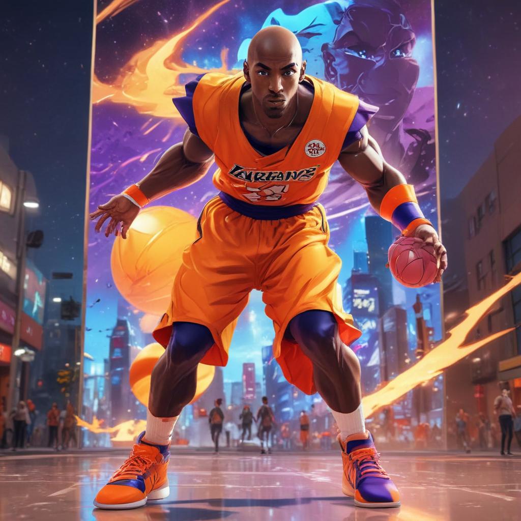 distance-shot, flashy, full-body, dynamic, holographic, animated cartoon poster of kobe scene in the style of dragon ball super