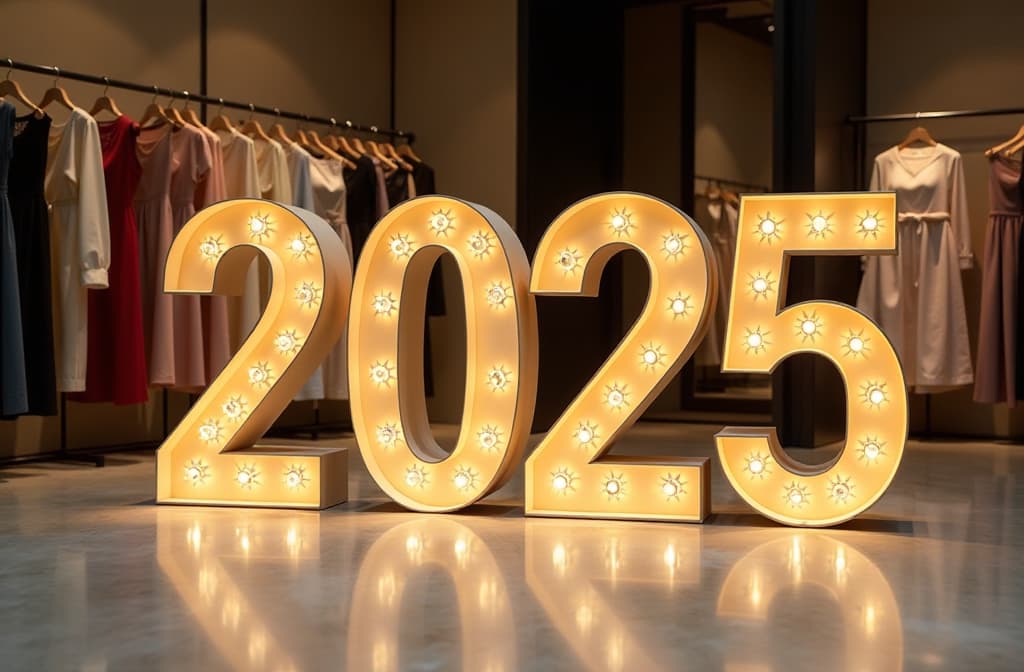  the numbers "2025" made of зеленые с золотыми блестками silk elegant in a store or showroom with modern renovation in the middle on the floor, illuminated, subdued light around the side of the numbers there are rails with beautiful dresses, изображение в темном ключе {prompt}, maximum details