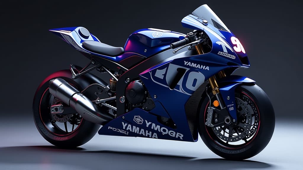  generate an ultra realistic and highly detailed image showcasing yamaha's patented downwash ducts revolutionizing motogp aerodynamics. the composition should feature a cutting edge racing motorcycle with the innovative downwash ducts attached to the fairing flanks. emphasize the intricate design of the ducts, their placement for optimal airflow, and their role in enhancing downforce and cooling efficiency. incorporate dynamic lighting to highlight the motorcycle's sleek contours and the function