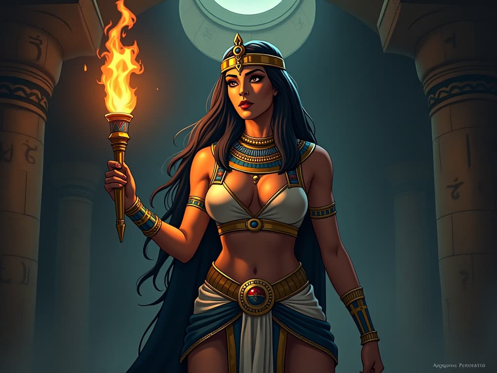  ancient priestess in a dark tomb, large busted, with a lit torch, illuminating ancient hieroglyphs, symbolizing divine purification. the style is digital art illustration / modern comic book / mysterious occult, symbolic, esoteric vibe,high detail on character design, incorporating ancient egyptian symbology and attire.