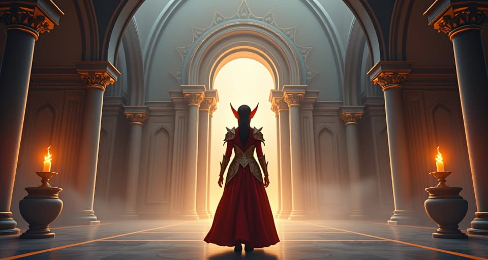  a noble elf with shimmering armor standing at the entrance of a grand, glowing palace. they look poised and confident, symbolizing readiness to step into destiny, inspiring atmosphere of determination.. the style is digital art illustration,highly detailed, whimsical,magical, dreamlike atmosphere, realism and fantasy blend, smooth, glossy textures,luminous quality, wonder and enchantment.