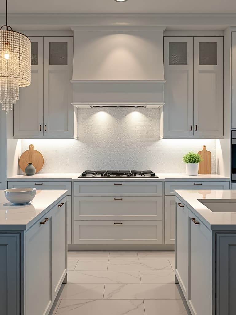  high quality portrait photo of an elegant white kitchen featuring a stunning mother of pearl mosaic backsplash that shimmers in the light, paired with white marble countertops and crystal pendant lights hyperrealistic, full body, detailed clothing, highly detailed, cinematic lighting, stunningly beautiful, intricate, sharp focus, f/1. 8, 85mm, (centered image composition), (professionally color graded), ((bright soft diffused light)), volumetric fog, trending on instagram, trending on tumblr, HDR 4K, 8K