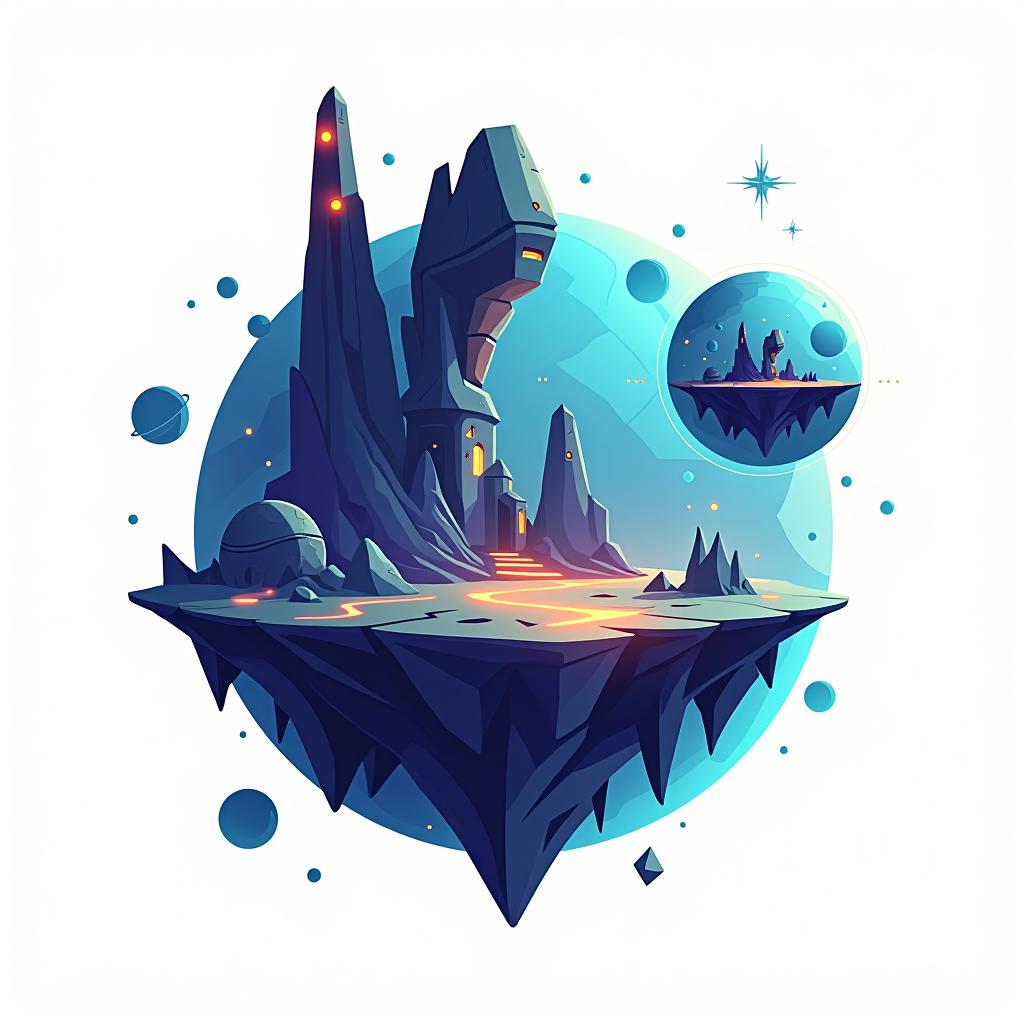  white background. left side: a simple vector graphic showing a hyper realistic alien planet's front view, featuring mysterious structures, bioluminescent patches, and sections of the planet split into floating fragments with glowing edges. unique architectural forms, and floating planetary fragments. elements adding a dynamic, otherworldly feel. cartoon and disney style.