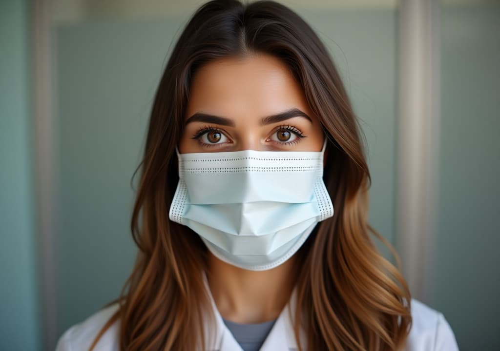  a woman wearing a white surgical mask