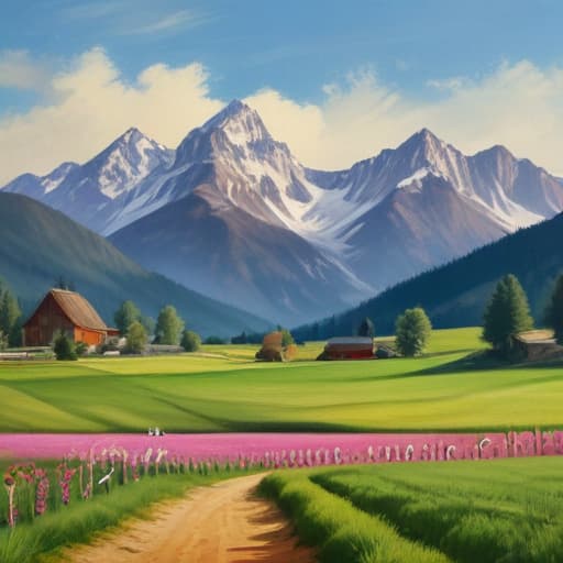 FarmToExplore logo in Oil painting style with Mountains background