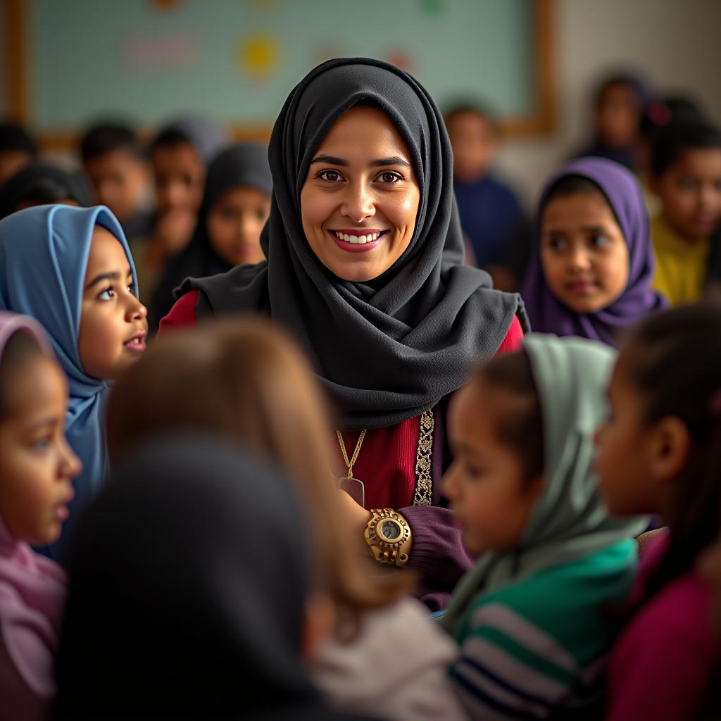  a teacher in a hijab surrounded by children.