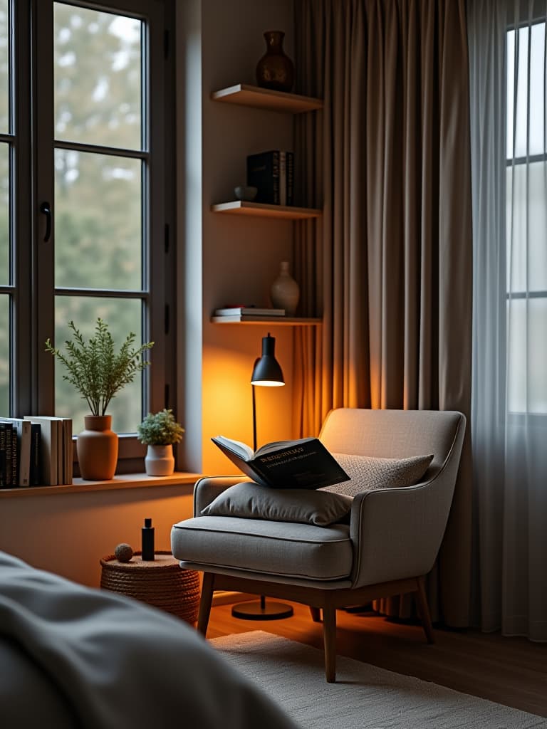  high quality portrait photo of a cozy reading nook in a modern bedroom corner, featuring a sleek armchair, floating shelves, and a warm reading lamp hyperrealistic, full body, detailed clothing, highly detailed, cinematic lighting, stunningly beautiful, intricate, sharp focus, f/1. 8, 85mm, (centered image composition), (professionally color graded), ((bright soft diffused light)), volumetric fog, trending on instagram, trending on tumblr, HDR 4K, 8K