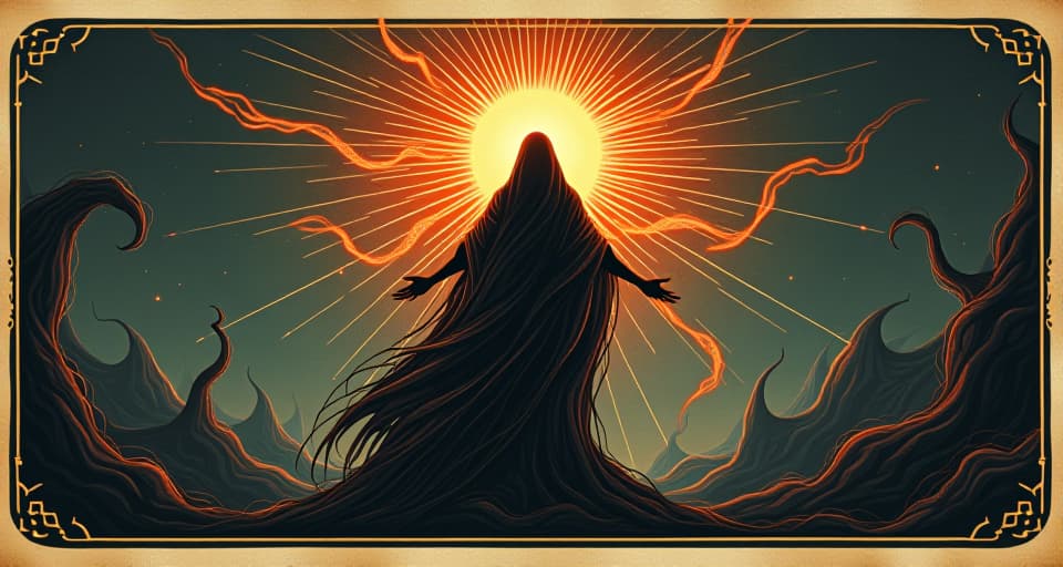  an unstoppable radiant figure, dark forces recoiling, wavy lines depicting persistence, blazing aura, indomitable spirit. an illustration in the style of a worn, mystical old tarot trump card, mysterious and elements of surrealism. the colors are muted, somber and eerie, but with contrast bring out an occult and esoteric vibe.