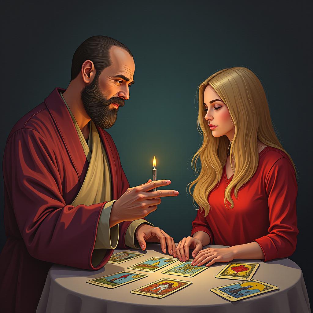  a man in a robe is doing a tarot reading for a blonde girl in a red shirt.