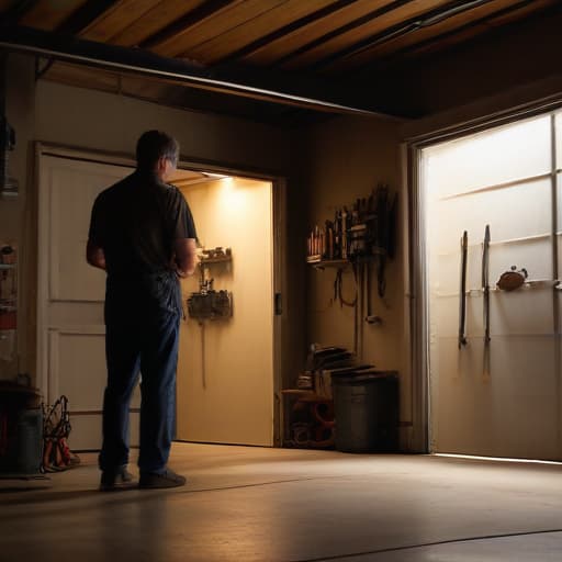 A photo of a mechanic inspecting a garage door in a dimly lit garage during the early evening with a soft, warm glow illuminating the tools and machinery around.