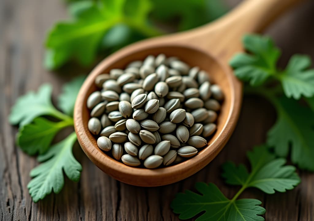  close up of perilla seeds in a small wooden spoon, surrounded by fresh perilla leaves, on a rustic wooden background, evoking a sense of natural simplicity.