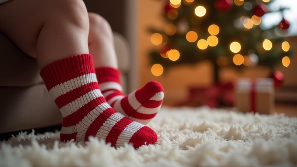  close up of baby feet in red and white striped christmas socks against christmas tree in cozy living room ar 16:9 {prompt}, maximum details