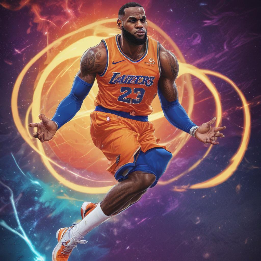 distance-shot, flashy, full-body, dynamic, holographic, animated cartoon poster of lebron james in the style of dragon ball super