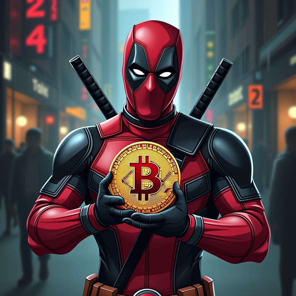  deadpool keeping a bitcoin in his hands