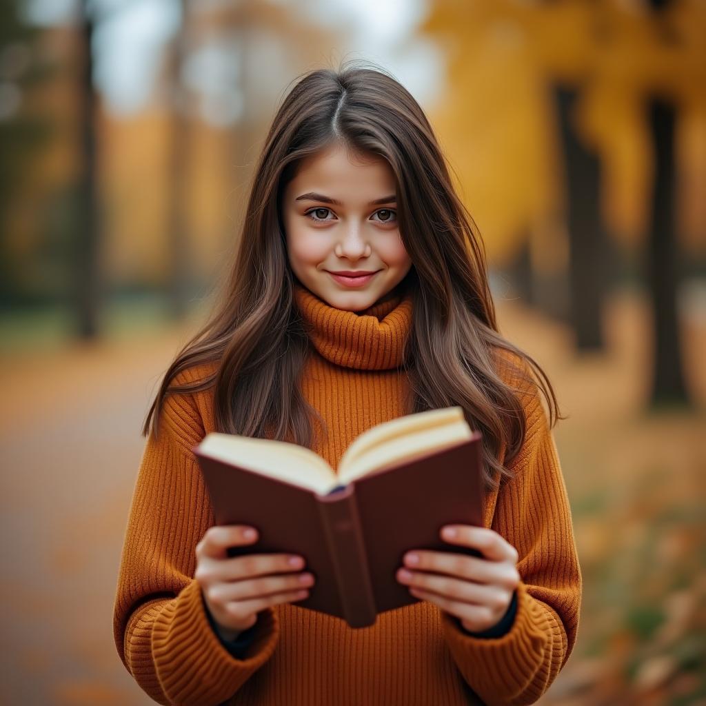  a girl holding a coffee book in her hands during autumn.