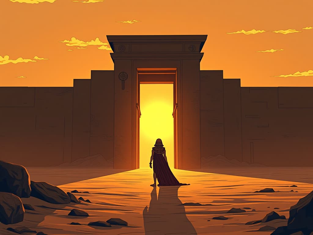  golden sphinx statue at the entrance of an isolated, ancient temple, desert sunset casting long shadows, mood of timeless mystery and peace. the style is digital art illustration / modern comic book / mysterious occult, symbolic, esoteric vibe,high detail on character design, incorporating ancient egyptian symbology and attire.