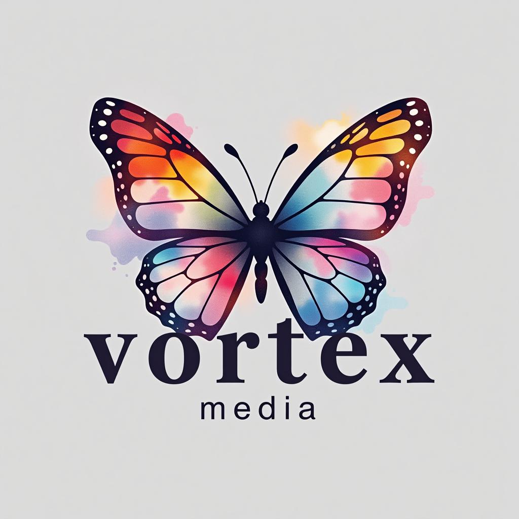  design a logo, watercolor style, logo of a butterfly, beautiful colors, with the text 'vortex media'.