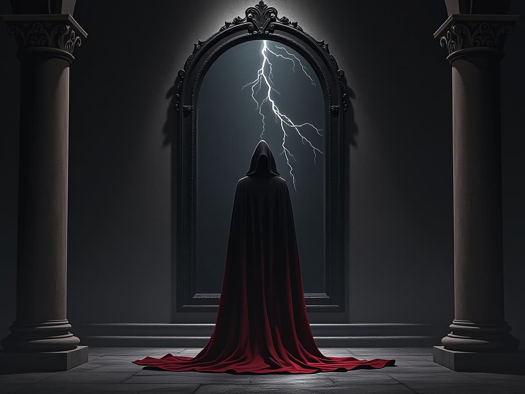  a cloaked figure, solemnly standing before a dark, ancient mirror, reflection reveals cracks resembling lightning. gothic archways, dim torchlight, sense of confrontation and reckoning.. the style is dark fantasy and mysterious occult, symbolic, moody lighting, esoteric vibe,high detail on character design. for the color scheme emphasize blacks and reds.