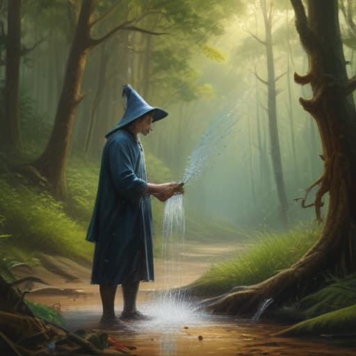 A young wizard creates a shower of Tuna in Oil painting style with Forests background