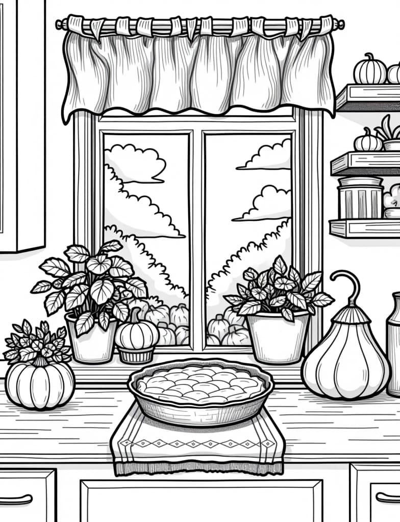  a cozy autumn themed kitchen with a pie cooling on the windowsill, black and white line art on a white background, for an adult coloring page.