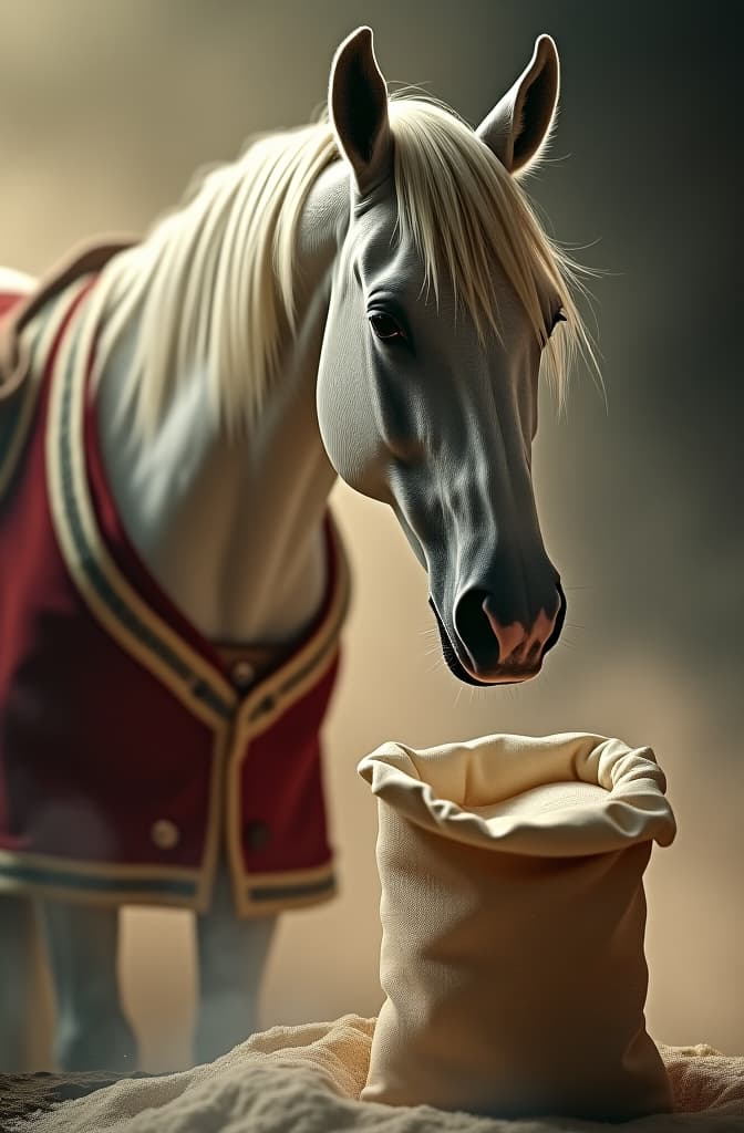  horse and a bag of flour, horse do a hit in this bag of flour with your head hyperrealistic, full body, detailed clothing, highly detailed, cinematic lighting, stunningly beautiful, intricate, sharp focus, f/1. 8, 85mm, (centered image composition), (professionally color graded), ((bright soft diffused light)), volumetric fog, trending on instagram, trending on tumblr, HDR 4K, 8K