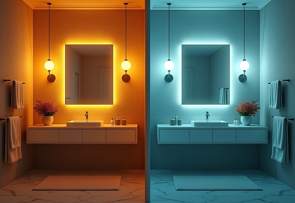  a landscape photo of a split screen image showing two identical vanities, one with warm lighting and one with cool lighting, highlighting the difference in ambiance hyperrealistic, full body, detailed clothing, highly detailed, cinematic lighting, stunningly beautiful, intricate, sharp focus, f/1. 8, 85mm, (centered image composition), (professionally color graded), ((bright soft diffused light)), volumetric fog, trending on instagram, trending on tumblr, HDR 4K, 8K