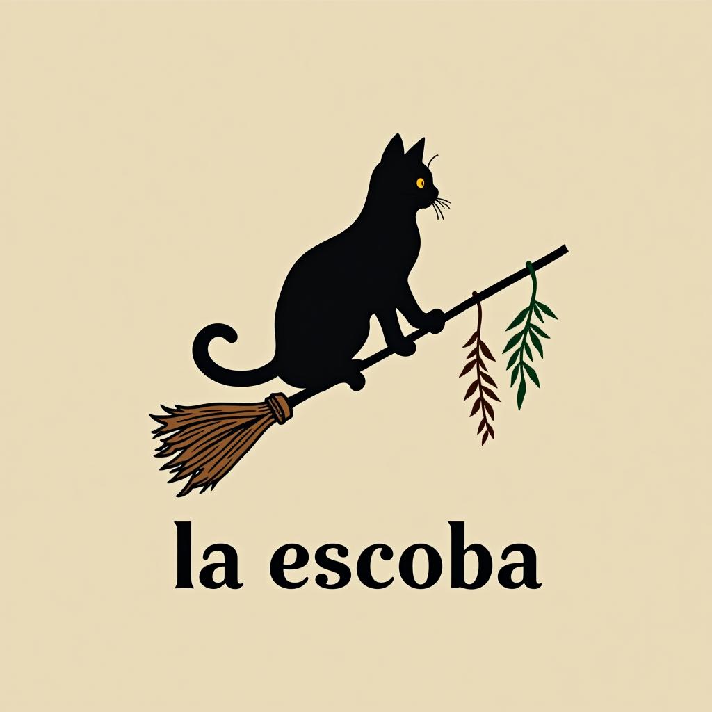  design a logo, in a minimalism style. witchy, black cat riding on a broom, dried herbs hanging m off broom, cottage core aesthetic , with the text 'la escoba'.