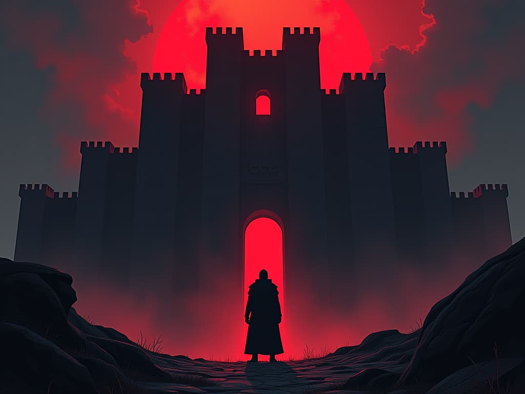  person standing before a mighty fortress, symbol of strong foundational principles. the style is digital art illustration / modern comic book / graphic dark novel fantasy and mysterious occult, symbolic, moody lighting, esoteric vibe,high detail on character design. for the color scheme emphasize blacks and reds.