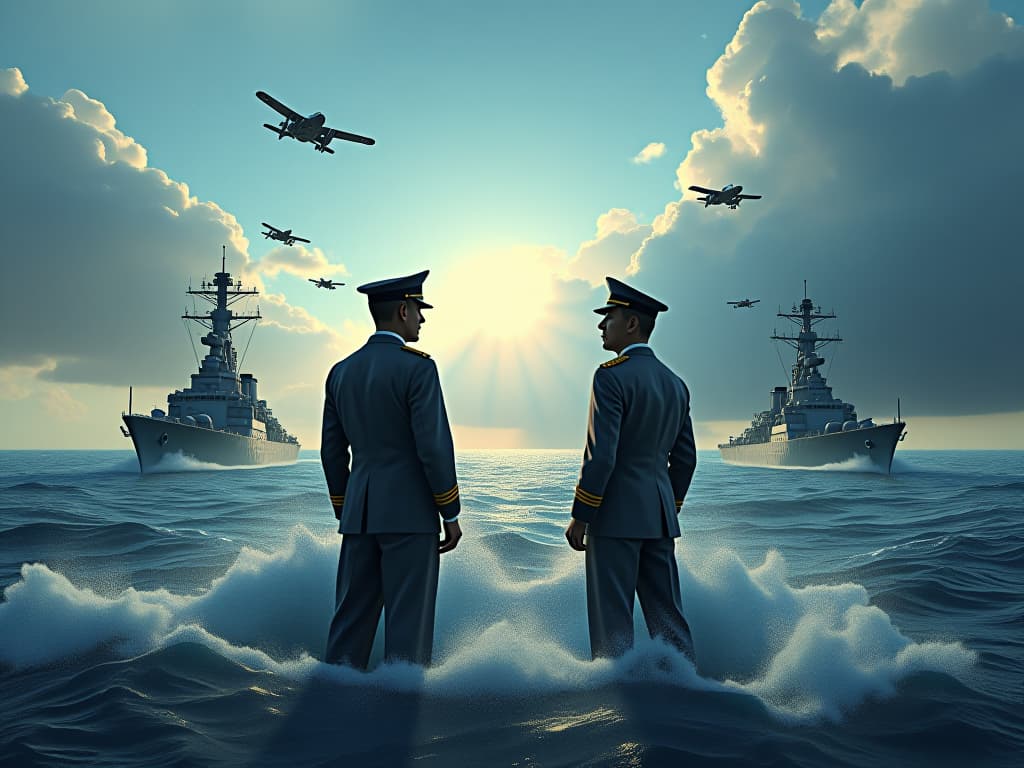  an artistic representation of admiral raymond spruance and admiral shizaburo ozawa strategizing during the pivotal moments of the battle of the philippine sea, with detailed backgrounds of battleships and aircraft, illustrating their leadership and determination amidst the vast ocean, with dramatic clouds and seascape reflecting the magnitude of their confrontation. hyperrealistic, full body, detailed clothing, highly detailed, cinematic lighting, stunningly beautiful, intricate, sharp focus, f/1. 8, 85mm, (centered image composition), (professionally color graded), ((bright soft diffused light)), volumetric fog, trending on instagram, trending on tumblr, HDR 4K, 8K