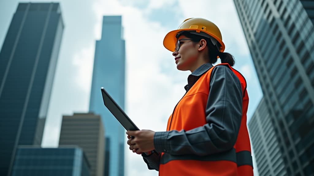  professional worker woman, skyscrapers buildings double exposure, construction expert company