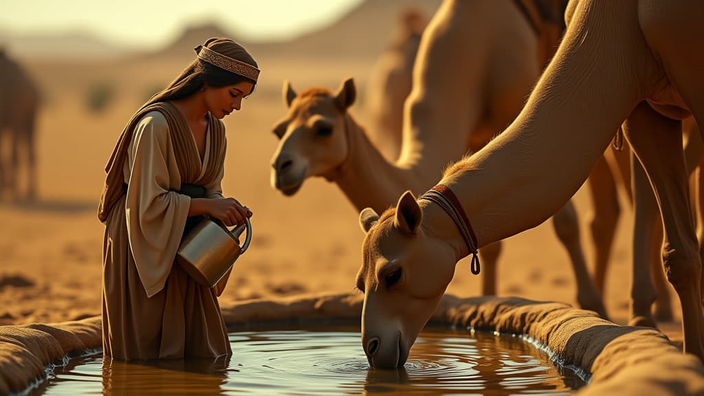  history of biblical times, rebecca eagerly lowering her jug to provide water to the servant and his camels, large and graceful camels nearby drinking from the trough. hyperrealistic, full body, detailed clothing, highly detailed, cinematic lighting, stunningly beautiful, intricate, sharp focus, f/1. 8, 85mm, (centered image composition), (professionally color graded), ((bright soft diffused light)), volumetric fog, trending on instagram, trending on tumblr, HDR 4K, 8K