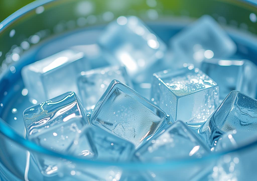  sparkling ice cubes float in a refreshing glass of cool water, glistening with condensation on a hot summer day, exuding serenity and revitalization.