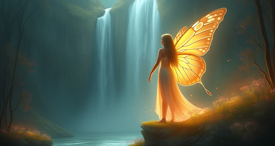  a radiant fairy with glowing moth wings, standing on a floating island covered in luminous flowers and vines, overlooking a serene, bright waterfall. her translucent dress sparkles softly. mood: empowering, mystical.. the style is digital art illustration,highly detailed, whimsical,magical, dreamlike atmosphere, realism and fantasy blend, smooth, glossy textures,luminous quality, wonder and enchantment.