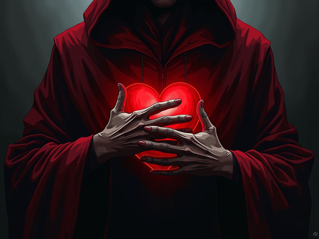  person with hand over heart, deep red robes, sense of internal trust. the style is digital art illustration / modern comic book / graphic dark novel fantasy and mysterious occult, symbolic, moody lighting, esoteric vibe,high detail on character design. for the color scheme emphasize blacks and reds.