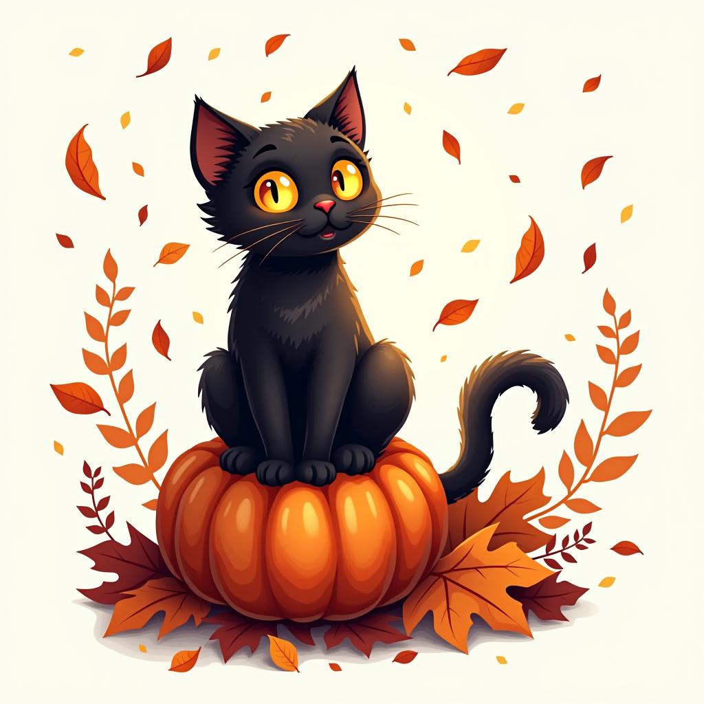  a cute black cat with glowing eyes sitting on a pumpkin, surrounded by swirling autumn leaves in a whimsical style, with warm, moody lighting. t shirt design, vector, contour, white background, no mockup hyperrealistic, full body, detailed clothing, highly detailed, cinematic lighting, stunningly beautiful, intricate, sharp focus, f/1. 8, 85mm, (centered image composition), (professionally color graded), ((bright soft diffused light)), volumetric fog, trending on instagram, trending on tumblr, HDR 4K, 8K