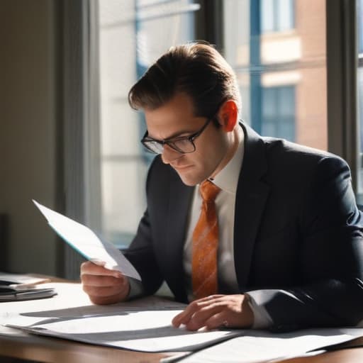 A photo of a confident car accident attorney engrossed in reviewing case files in a sleek, modern office during late afternoon, with warm natural sunlight streaming through large windows, casting long, dramatic shadows across the desk.