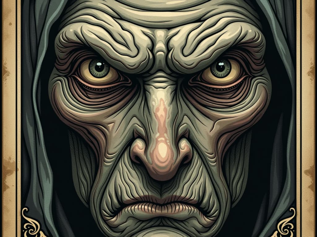  close up of a weathered face, eyes reflecting wisdom, intricate lines and features, background hinting at past encounters, deep and contemplative. an illustration in the style of a worn, mystical old tarot trump card, mysterious and elements of surrealism. the colors are muted, somber and eerie, but with contrast bring out an occult and esoteric vibe.