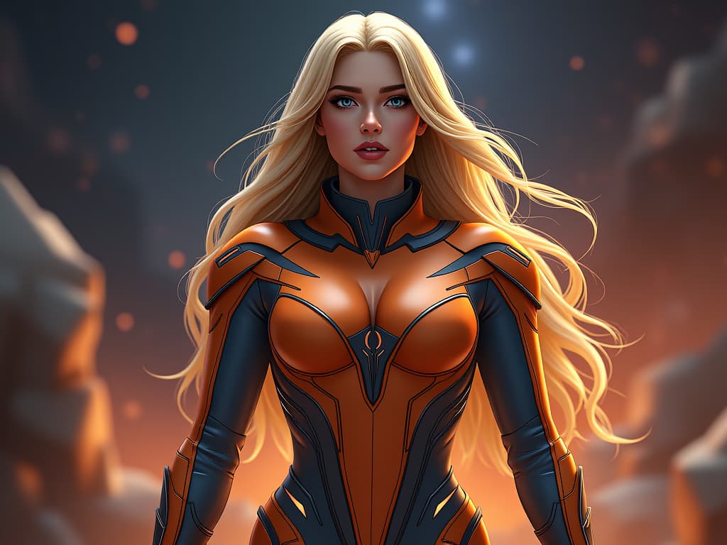  large busted attractive arian blonde humanoid, high tech clothing clad in sleek, futuristic costume with metallic accents and form fitting designs, predominantly in orange and blue hues; venutian background with a distinct constellation representing arcturians; marvel superhero comics style, unreal engine rendering