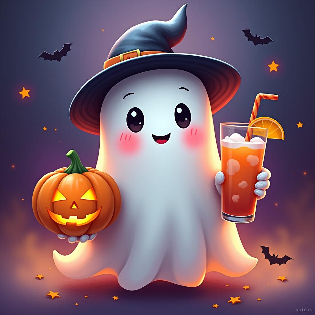  create a digital painting featuring a cute ghost character. the ghost should be wearing a hat. in one hand, the ghost should hold a pumpkin with a carved face, and in the other hand, a halloween themed drink. the background should be colorfull and include small black bats and stars to add a playful halloween touch. the overall style should be cute, whimsical, and colorful hyperrealistic, full body, detailed clothing, highly detailed, cinematic lighting, stunningly beautiful, intricate, sharp focus, f/1. 8, 85mm, (centered image composition), (professionally color graded), ((bright soft diffused light)), volumetric fog, trending on instagram, trending on tumblr, HDR 4K, 8K