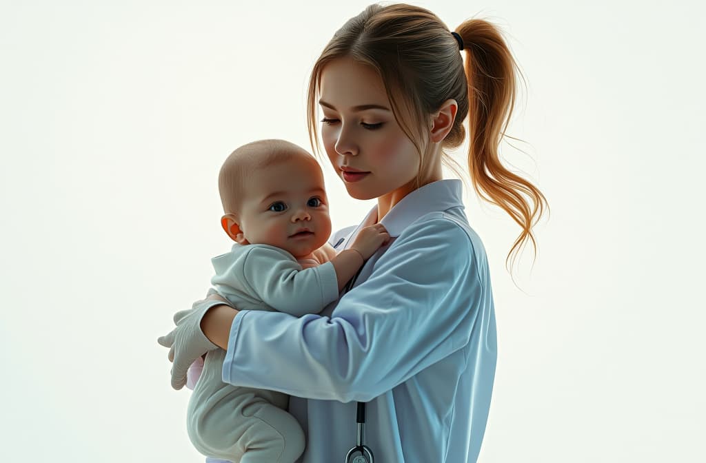  professional detailed photography, girl doctor holding a baby in her arms, in medical clothes, on a white background, sunny day ar 3:2, (muted colors, dim colors, soothing tones), (vsco:0.3)