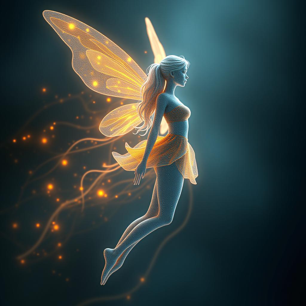  abstract style the light vector contour of the fairy with the wings, the fairy is full of growth, in a short dress with very long light hairs of the contour line . non representational, colors and shapes, expression of feelings, imaginative, highly detailed hyperrealistic, full body, detailed clothing, highly detailed, cinematic lighting, stunningly beautiful, intricate, sharp focus, f/1. 8, 85mm, (centered image composition), (professionally color graded), ((bright soft diffused light)), volumetric fog, trending on instagram, trending on tumblr, HDR 4K, 8K