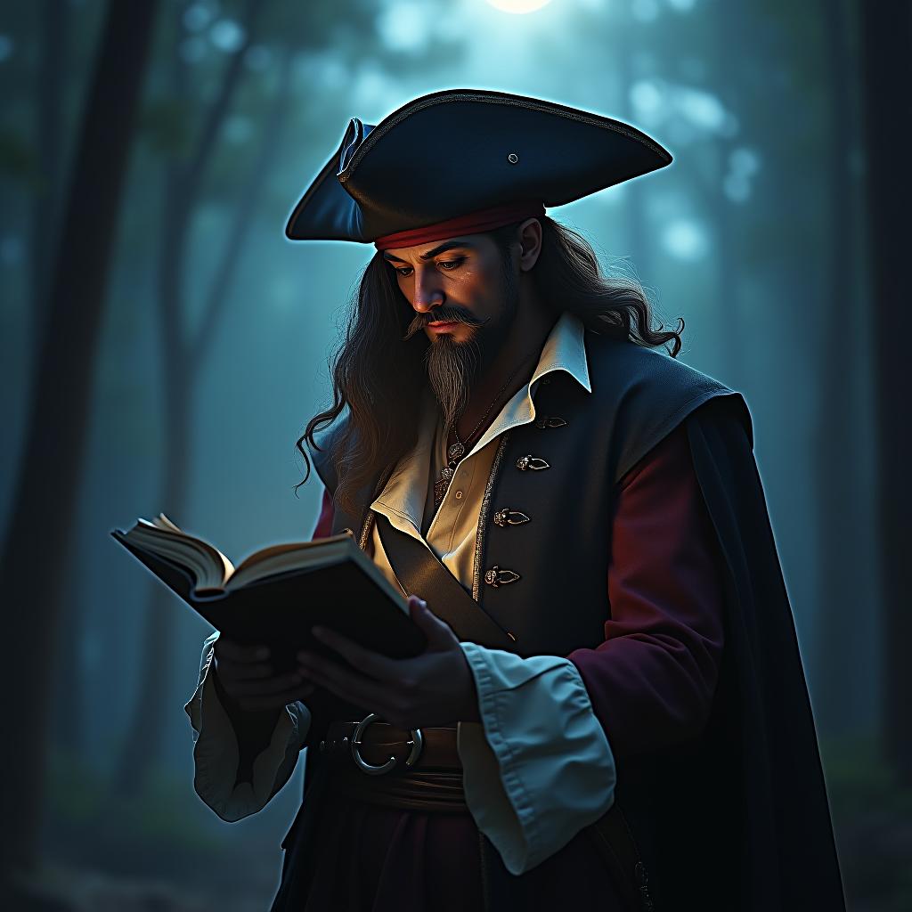  a pirate reading a book, digital illustration, in a forest, moonlight, hdr 4k hyperrealistic, full body, detailed clothing, highly detailed, cinematic lighting, stunningly beautiful, intricate, sharp focus, f/1. 8, 85mm, (centered image composition), (professionally color graded), ((bright soft diffused light)), volumetric fog, trending on instagram, trending on tumblr, HDR 4K, 8K