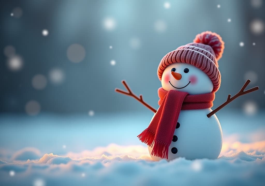  winter holiday christmas background banner with cute funny laughing snowman with wool hat and scarf, on snowy snow snowscape and bokeh light