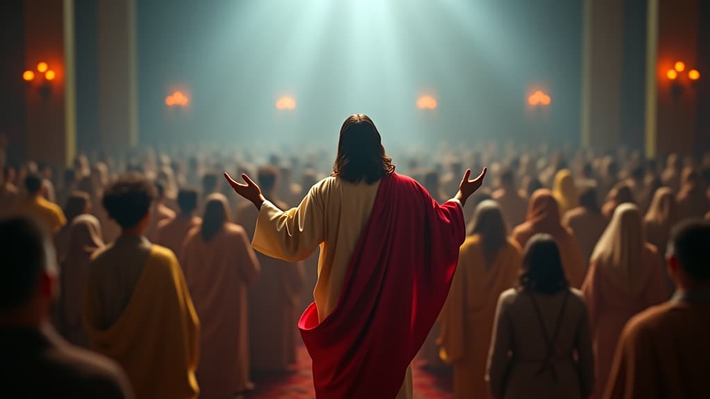  a jesus figure overseeing a diverse crowd at pentecost, showcasing the miracle of speaking in different tongues and bridging divides. hyperrealistic, full body, detailed clothing, highly detailed, cinematic lighting, stunningly beautiful, intricate, sharp focus, f/1. 8, 85mm, (centered image composition), (professionally color graded), ((bright soft diffused light)), volumetric fog, trending on instagram, trending on tumblr, HDR 4K, 8K