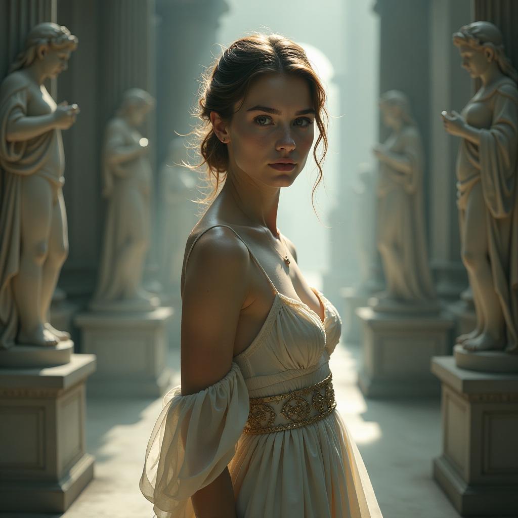  hyperrealistic art in the misty haze stands a stunning young woman, donning a graceful gown, surrounded by weathered statues and majestic marble pillars. the interplay of light and shadow enhances the drama on her visage. . extremely high resolution details, photographic, realism pushed to extreme, fine texture, incredibly lifelike